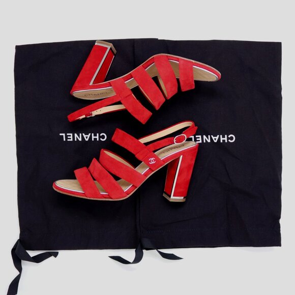 CHANEL 38 Red Suede Multi Strap CC Sandal High Heel Silver Logo & Trim - Picture 13 of 15